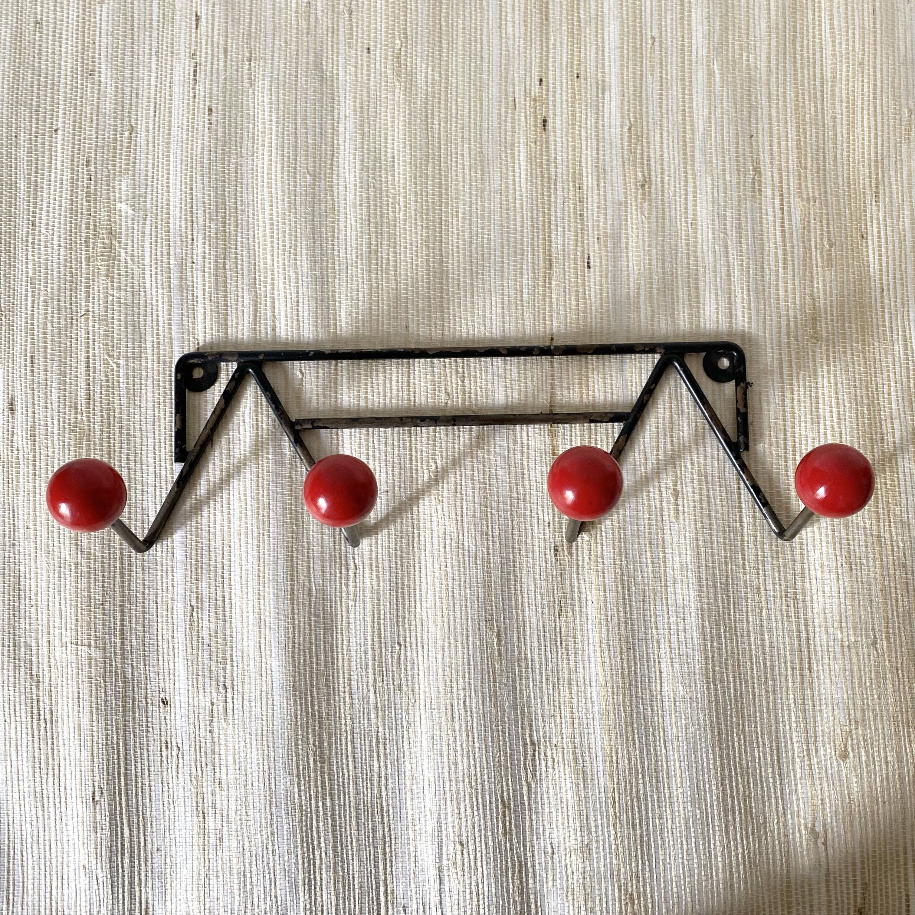 Coat rack metal and wood, 4 hooks, 50s