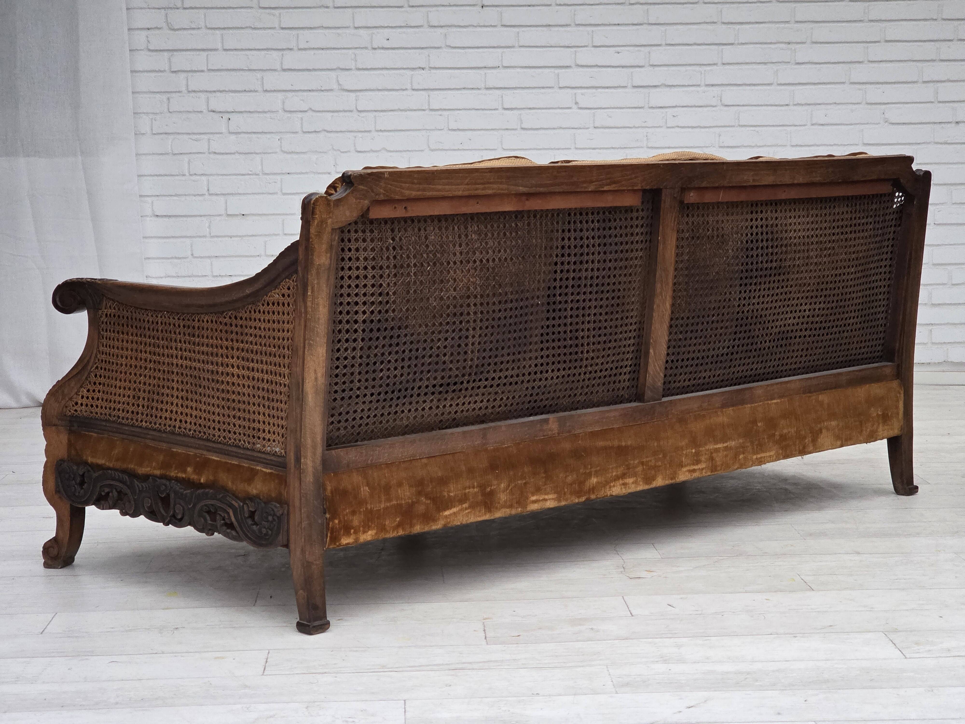 1930-35s, Danish 3-seater sofa, furniture velour, furniture mesh, ash wood.