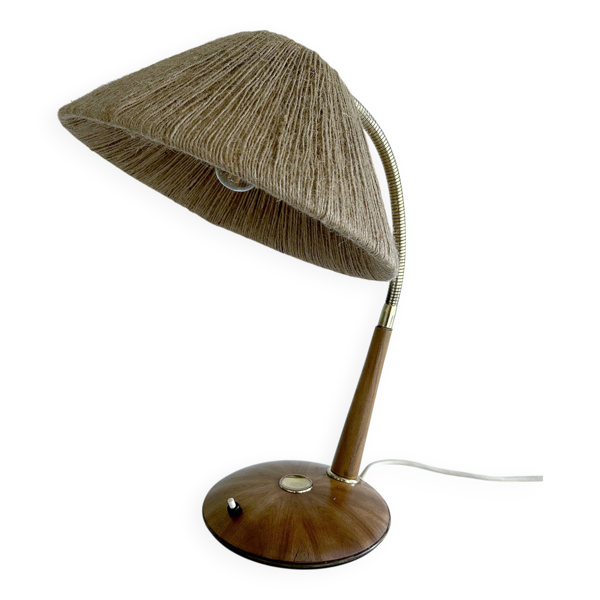 Vintage Scandinavian Lamp, Wood Brass Sisal