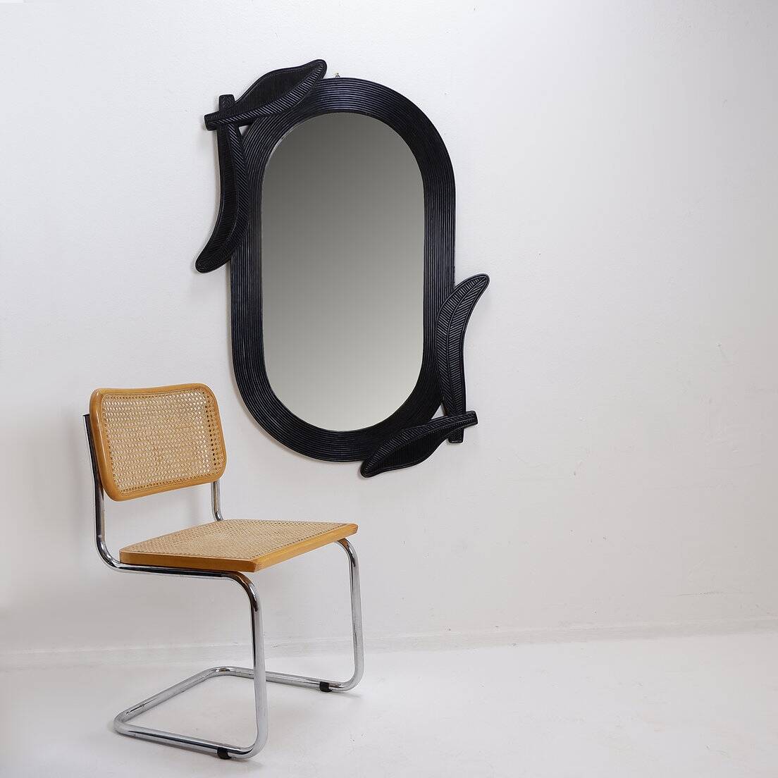 Large Vivai del Sud wall mirror in black lacquered bamboo - 1970s