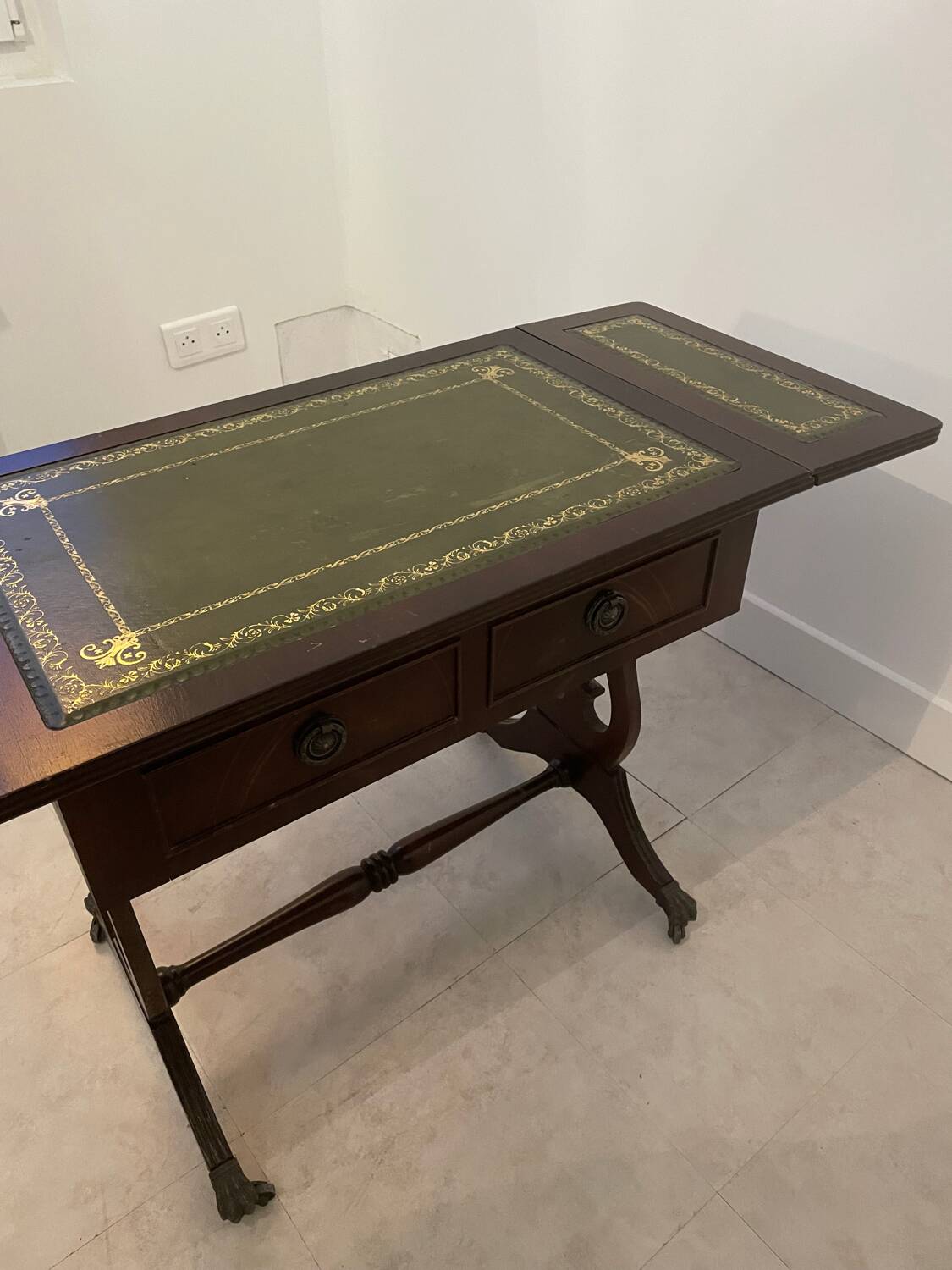 English coffee table with shutters and green leather top