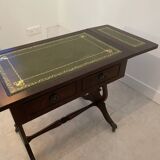 Table basse anglaise avec volets et plateau en cuir vert