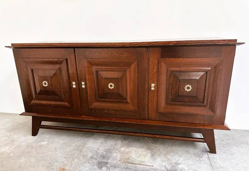 Vintage oak buffet in brutalist style with geometric panel doors, Belgium, 1960s