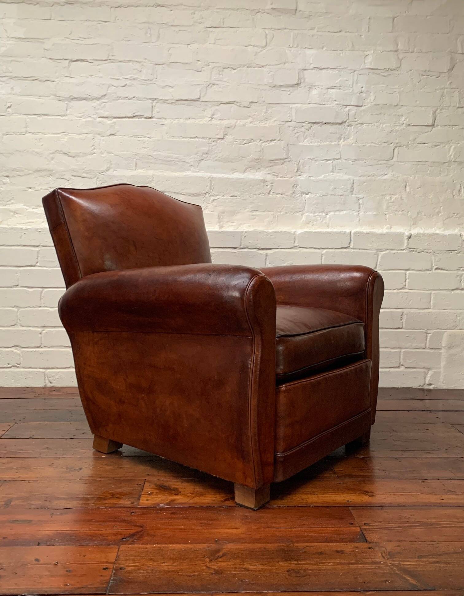Antique French Leather Club Chair, Moustache Model, Circa 1930’s