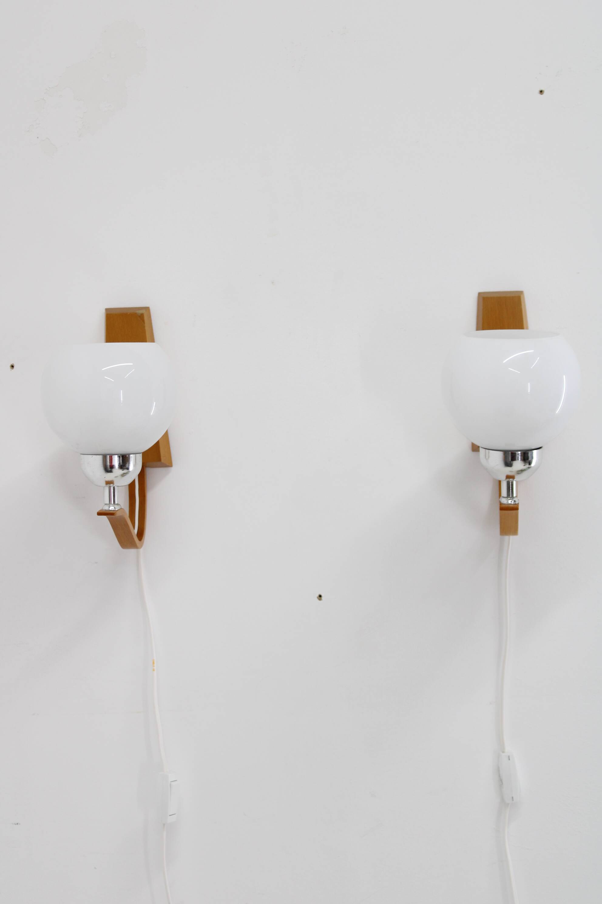 1960s Pair of Wooden Wall Lamps with Glass Shades by Drevo Humpolec, Czechoslovakia