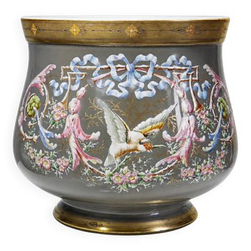 Large antique cache-pot in glazed porcelain, rockwork decoration with a bird, 19th century.