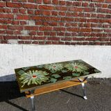 Vintage ceramic coffee table, floral patterns and chrome base.