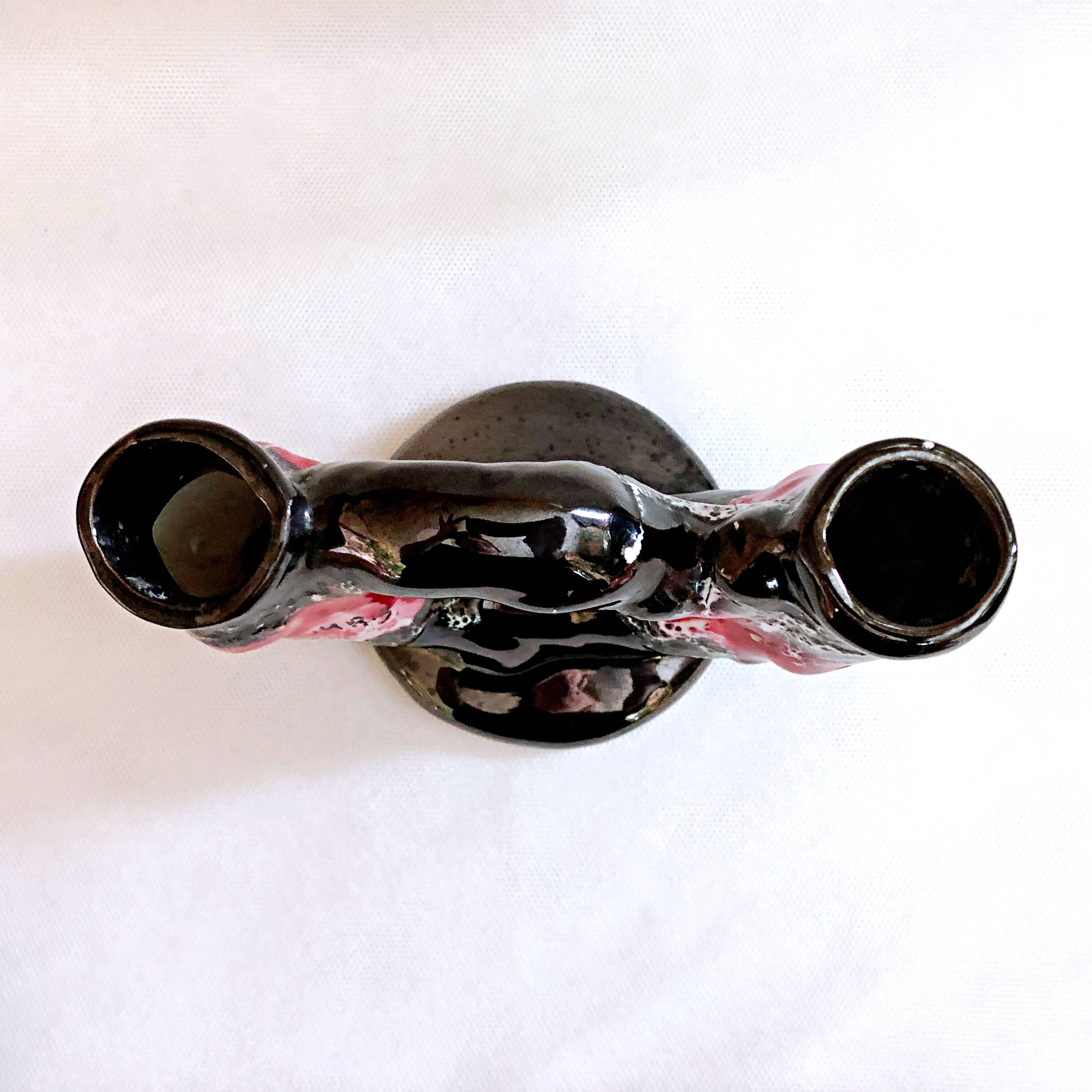 Vintage artisanal two-tone earthenware candle holder Vallauris France