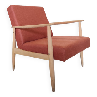 Vintage wood armchair longue chair 1970 Scandinavian design terracotta wool mid century modern armchair