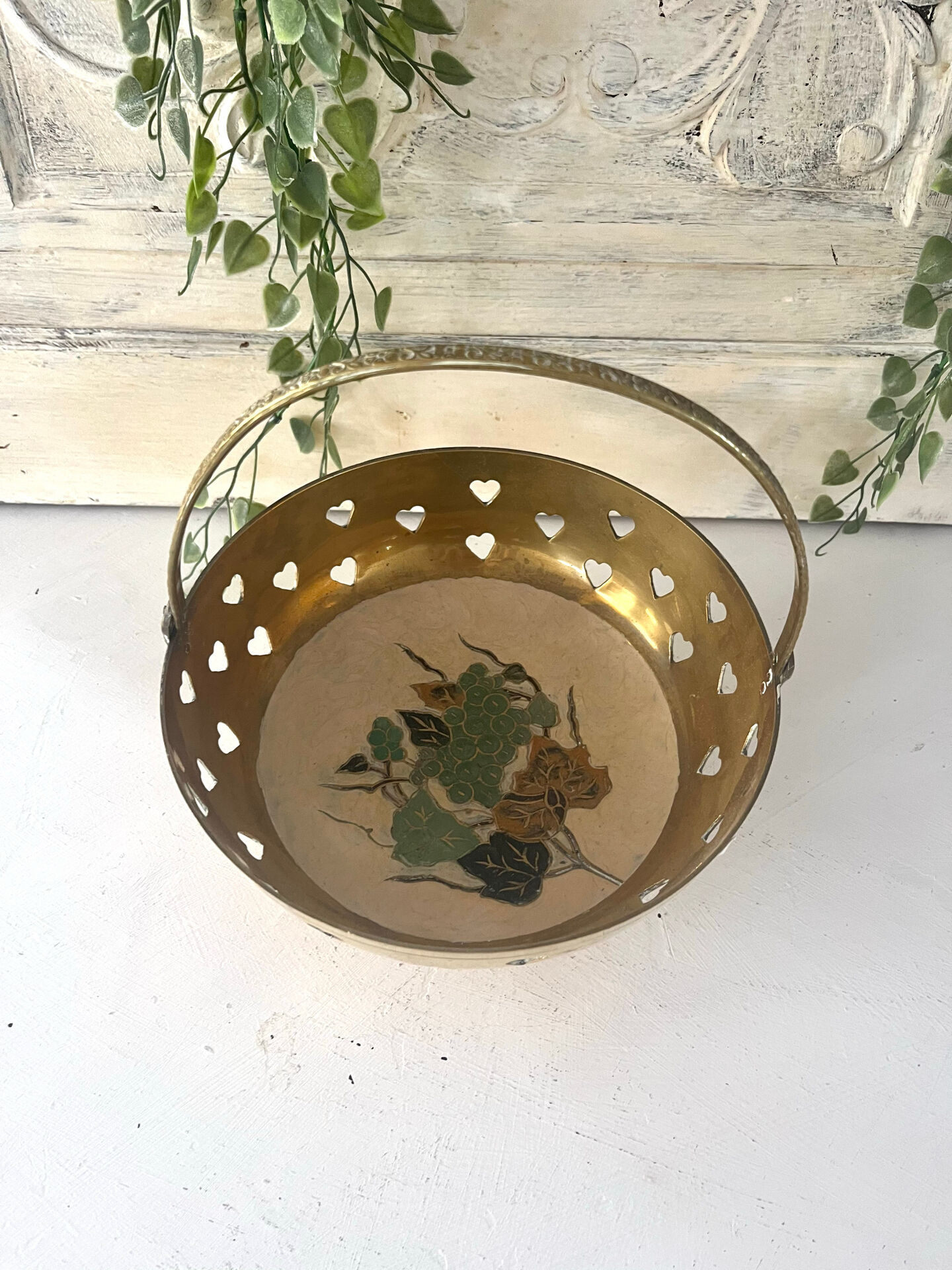 Brass cloisonne basket with handle – mid century circa 1950s art deco