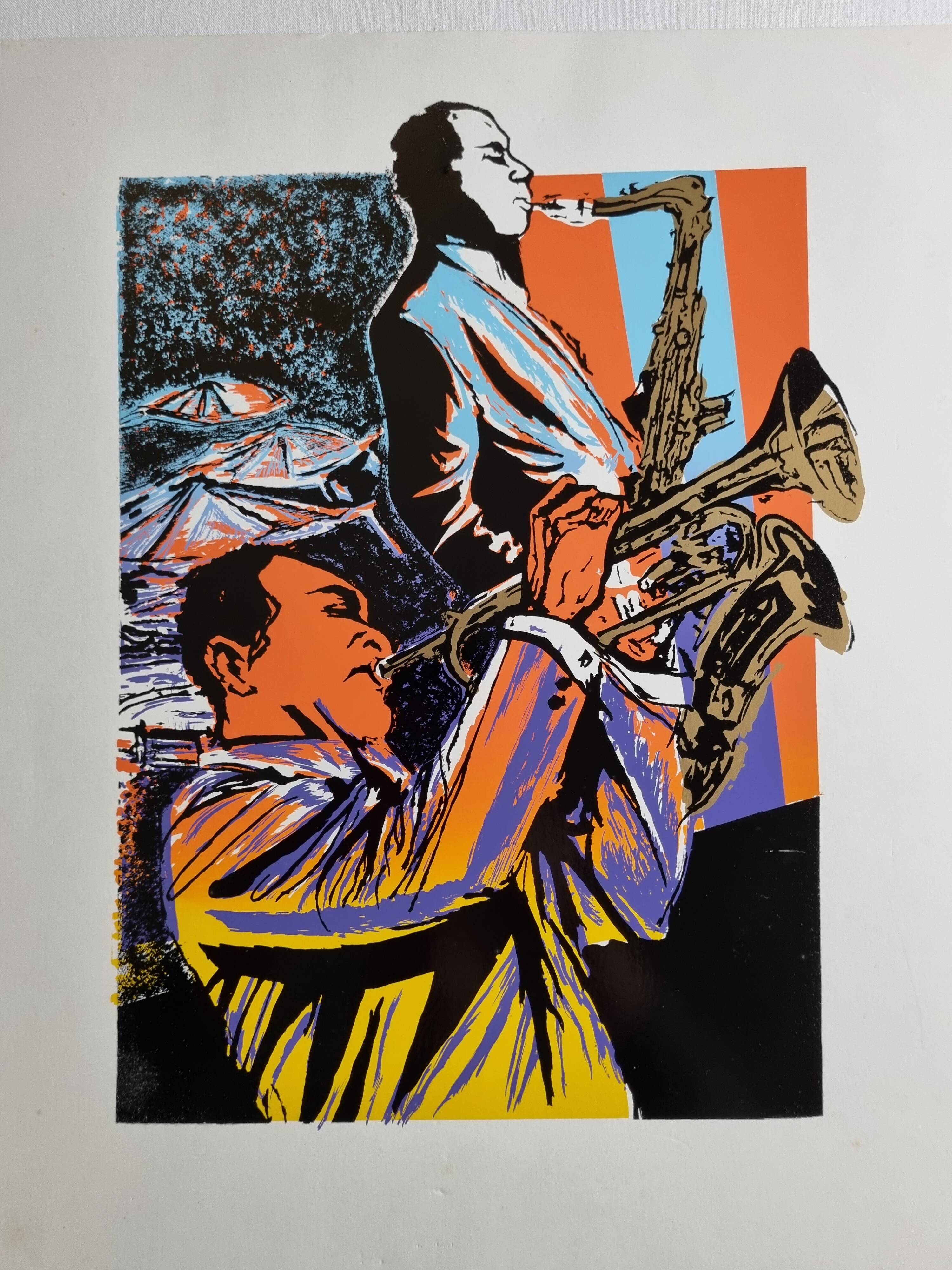 Jazz Screenprint - Musicians on Saxophone and Trumpet, Atelier Images, Paris (32 x 45 cm)
