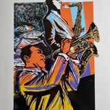 Jazz Screenprint - Musicians on Saxophone and Trumpet, Atelier Images, Paris (32 x 45 cm)