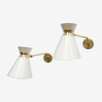 Pair of vintage Diabolo wall lamps in white metal and brass