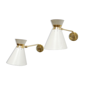 Pair of vintage Diabolo wall lamps in white metal and brass