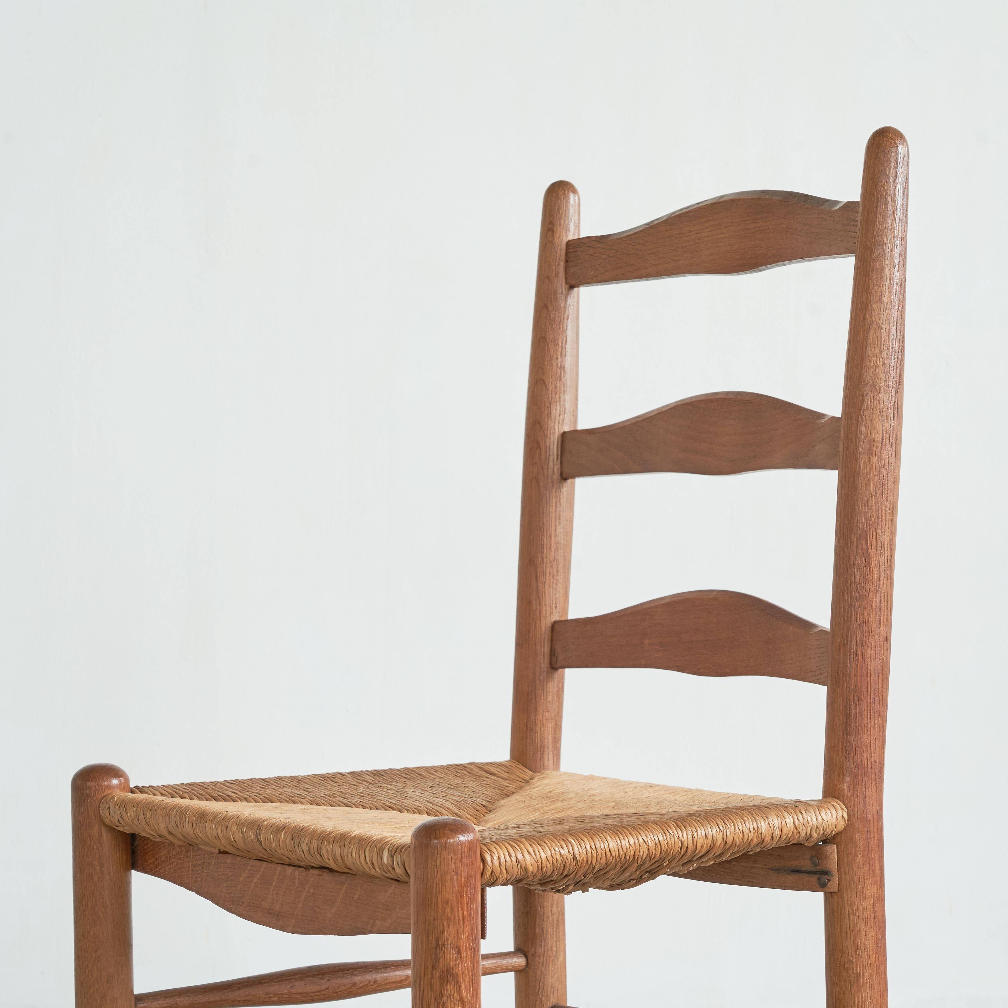 6 solid oak and woven bamboo chairs, mid-century, 1950s