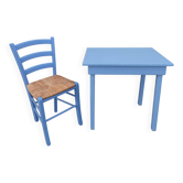 side table + blue wooden chair