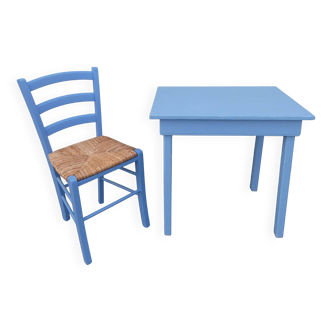 side table + blue wooden chair