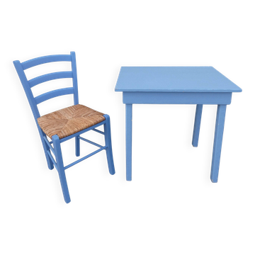side table + blue wooden chair