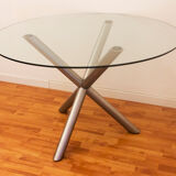 Round Italian dining table in smoked glass and chrome steel, 1970s