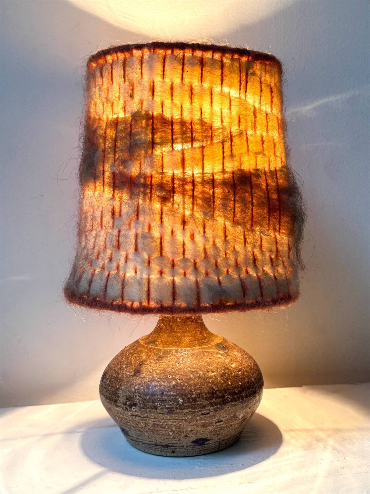 Ceramic lamp, chamotte stoneware and wool by Alain Blanchard, France 1970