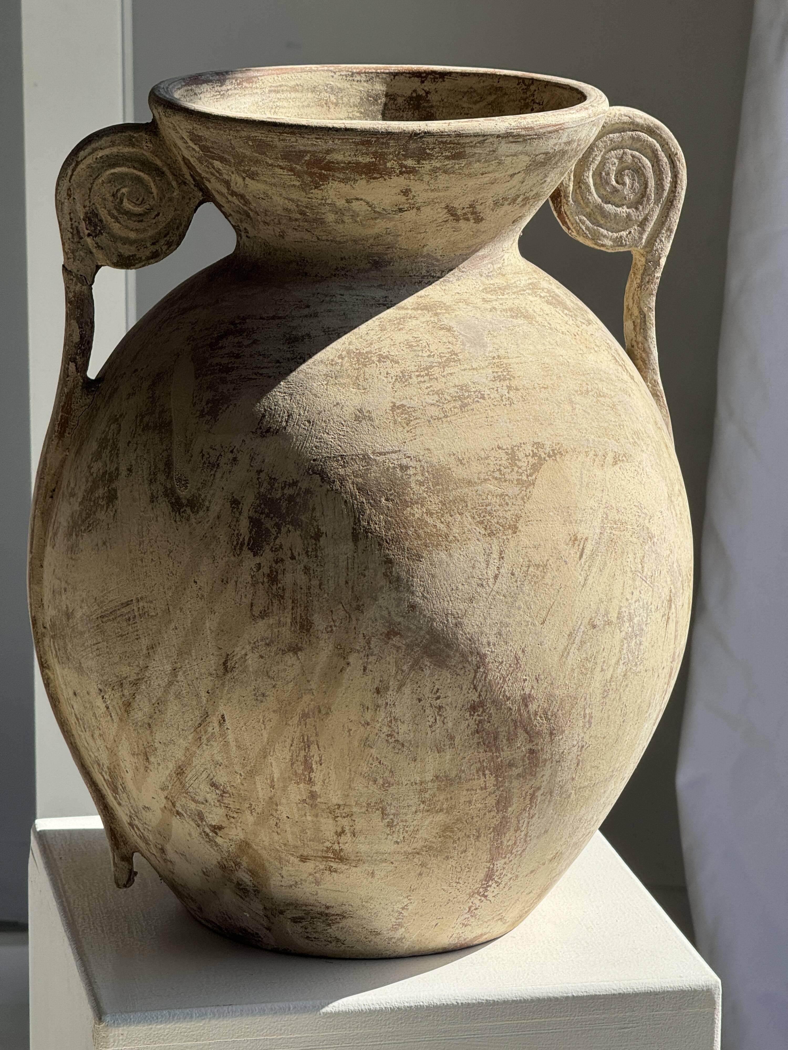 Large cream vase with double spiral handles in antique style, made of terracotta, H42 D3.
