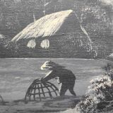 Suite of 3 paintings on an Asian theme in black and white signed