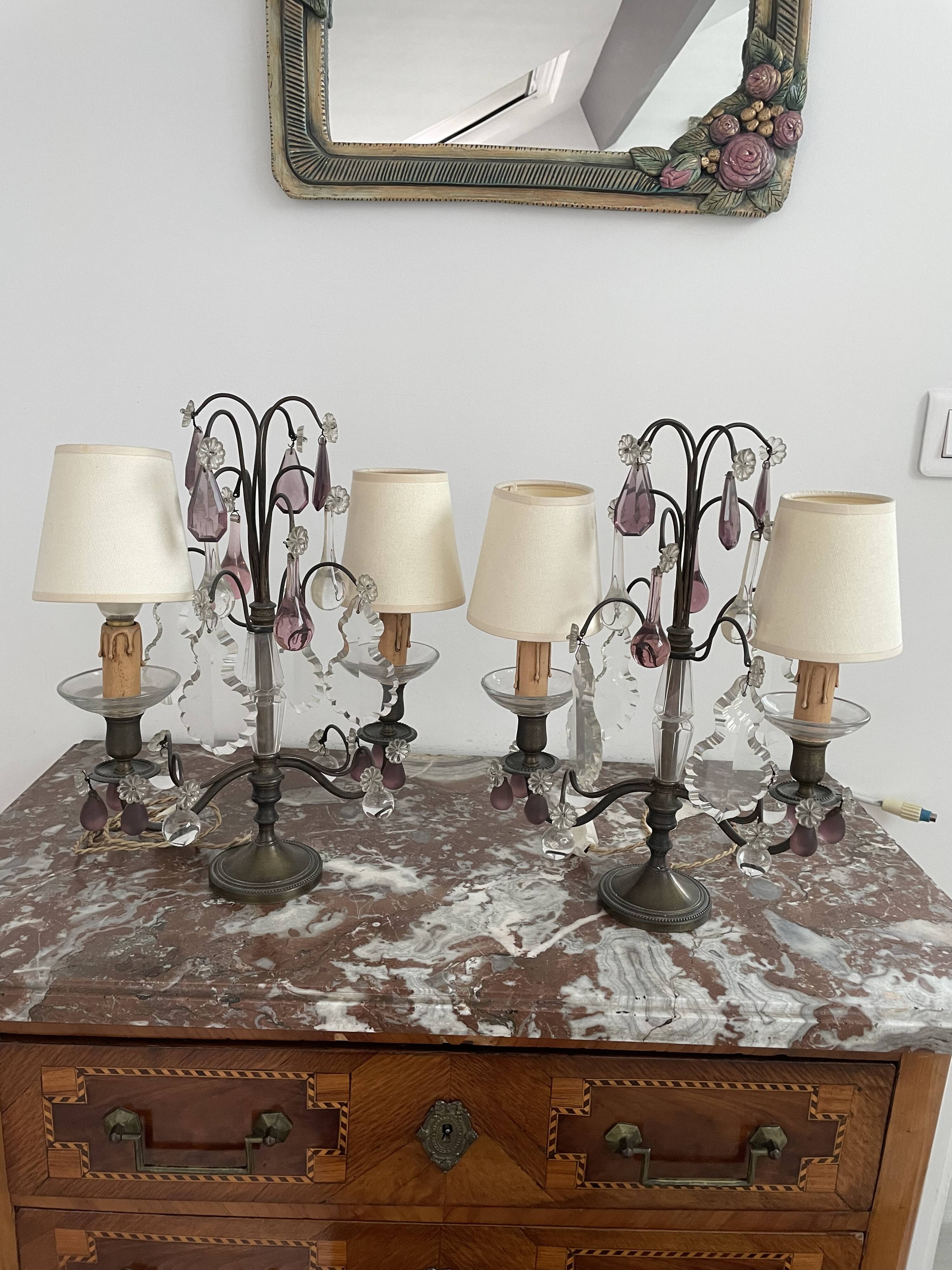 pair of chandeliers, lamp, silver-plated metal, crystal, tassels, florets, pendant, rosettes