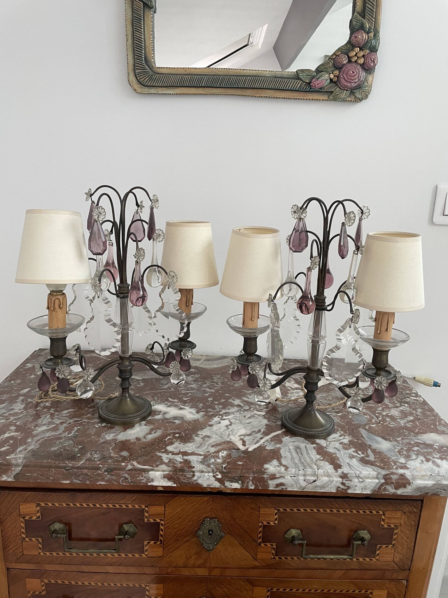 pair of chandeliers, lamp, silver-plated metal, crystal, tassels, florets, pendant, rosettes