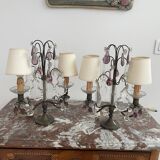pair of chandeliers, lamp, silver-plated metal, crystal, tassels, florets, pendant, rosettes