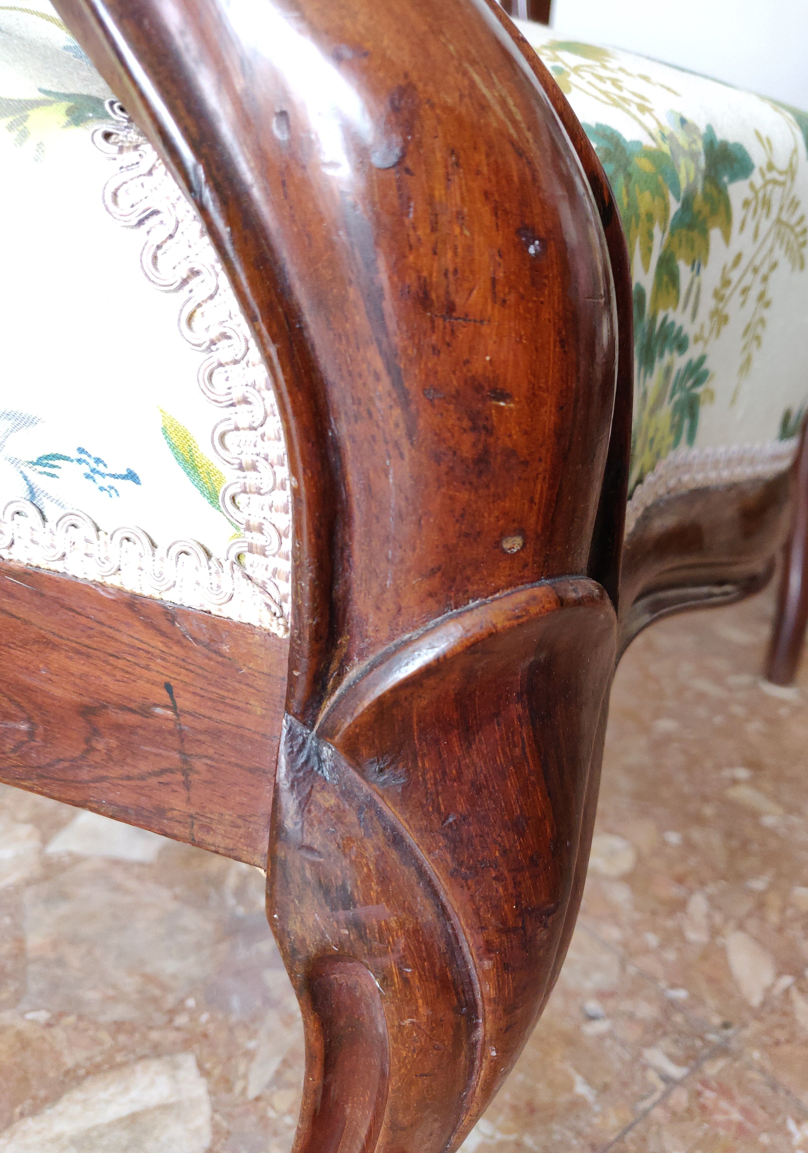 Pair armchairs Louis Philippe solid floral mahogany