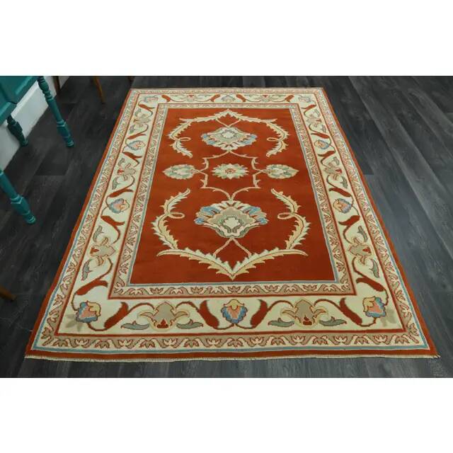 1970s Vintage Turkish Oushak Handmade Wool Cotton Orange Area Rug 173x230