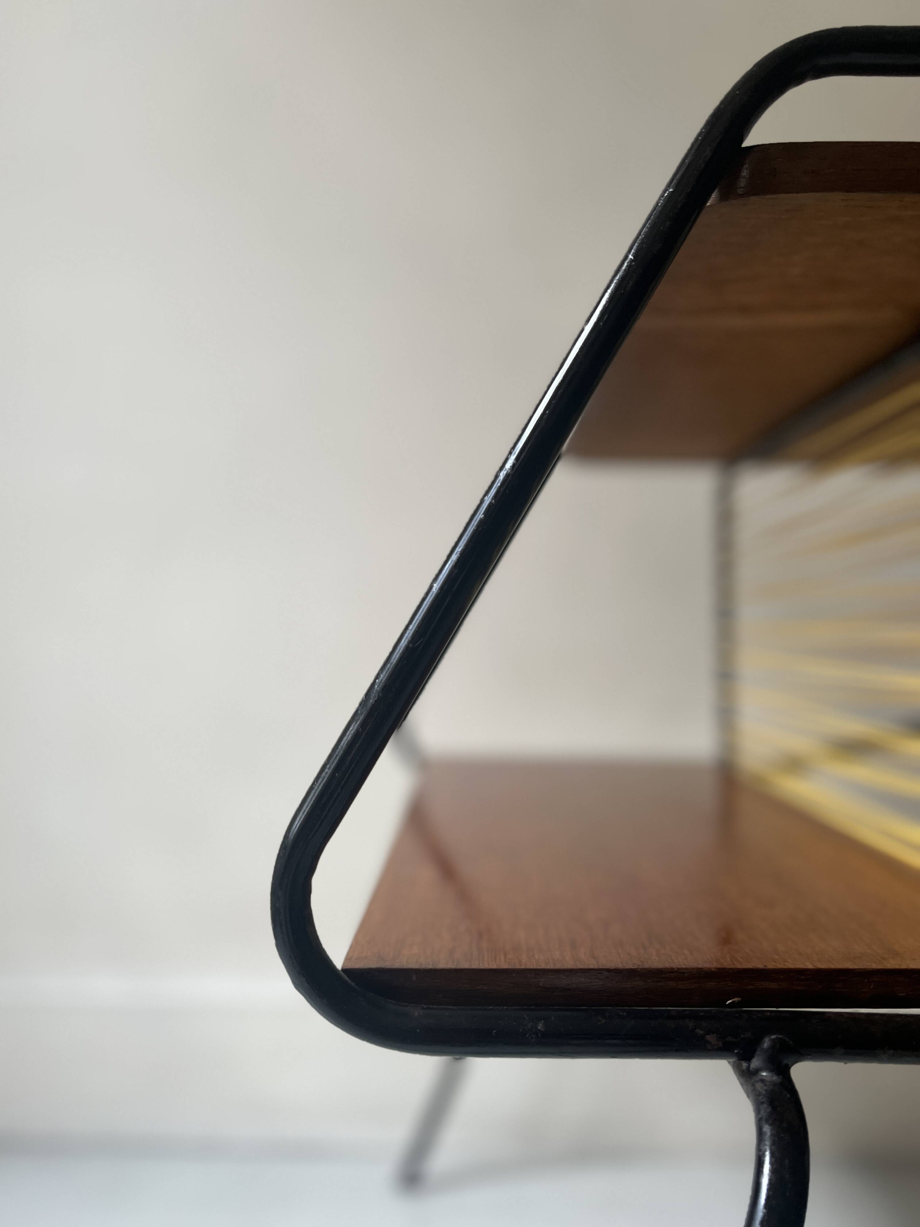 Modernist TV/Hifi table in wood & metal by J. Hitier, French design 1950.