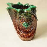 Vintage Shell Vase in Ceramic Barbotine - Green & Brown - 1970s