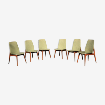 Suite de 6 chaises style scandinaves vintage en skaï vert et bois années 60