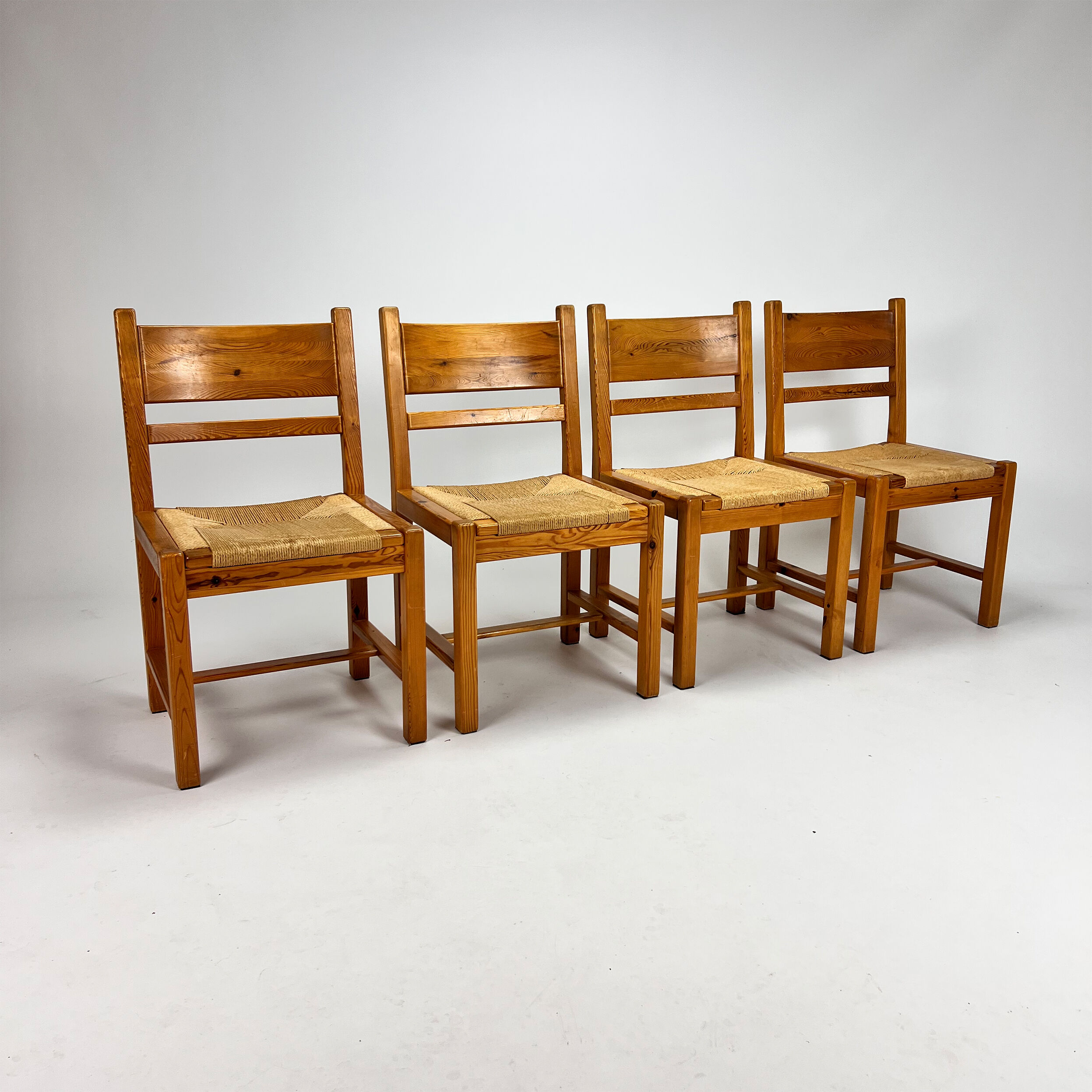 Set of 4 mid century scandinavian pine and papercord dining chairs, 1960s