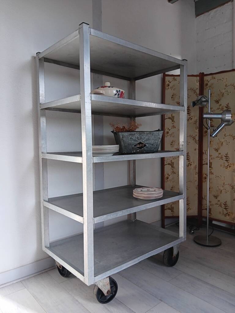 1950s metal shelf on wheels