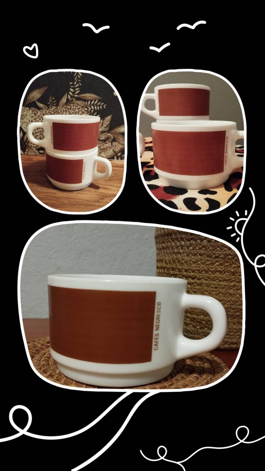 Set of 5 brown/white Negresco coffee cups, in opal glass from Arcopal, 1970