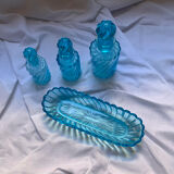 Toiletries and vintage blue glass bottles