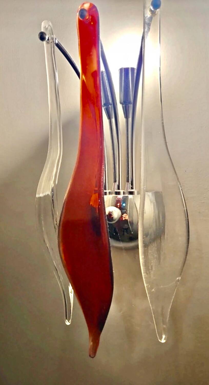 Pair of Murano glass lamps with chrome support, Italy 2000s