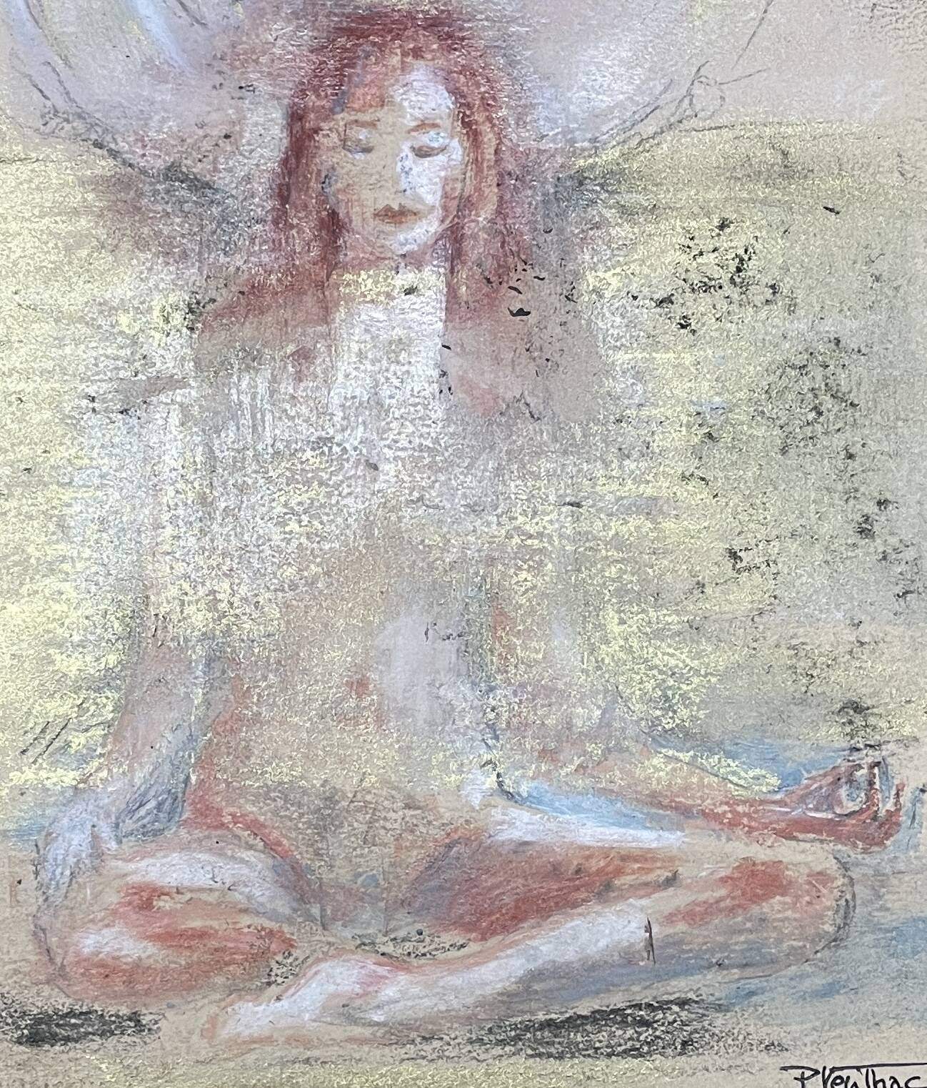 Painting signed pastel gold “Buddha woman” ZEN