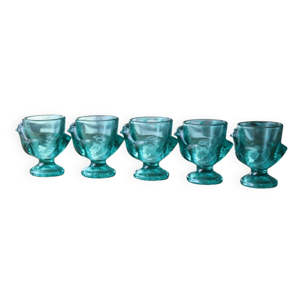 5 coquetiers en verre opalin moulé – décor poussin verrerie d'Arques