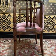 Fauteuil de bureau anglais en acajou et velours rose