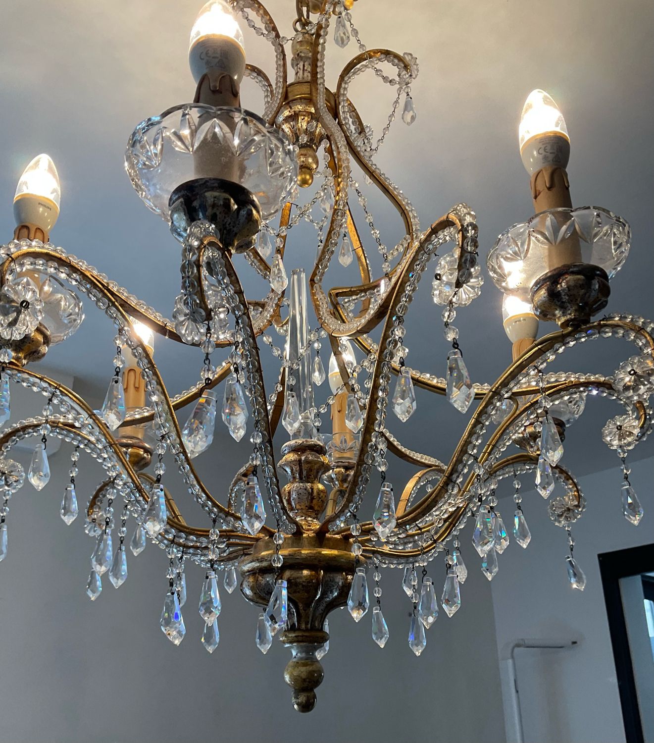 Old Venetian chandelier with Bohemian crystal tassels and gilded wood
