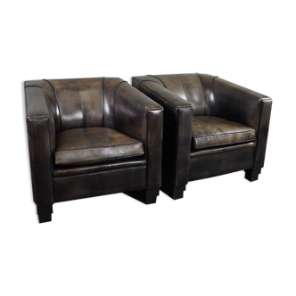 Set de 2 fauteuils en cuir de basane