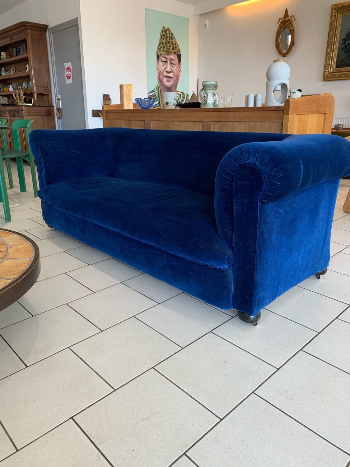 English Velvet Sofa, Blue, Circa 1950s Vintage