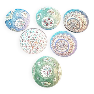 Set of 6 antique enameled copper bowls with Persian decoration