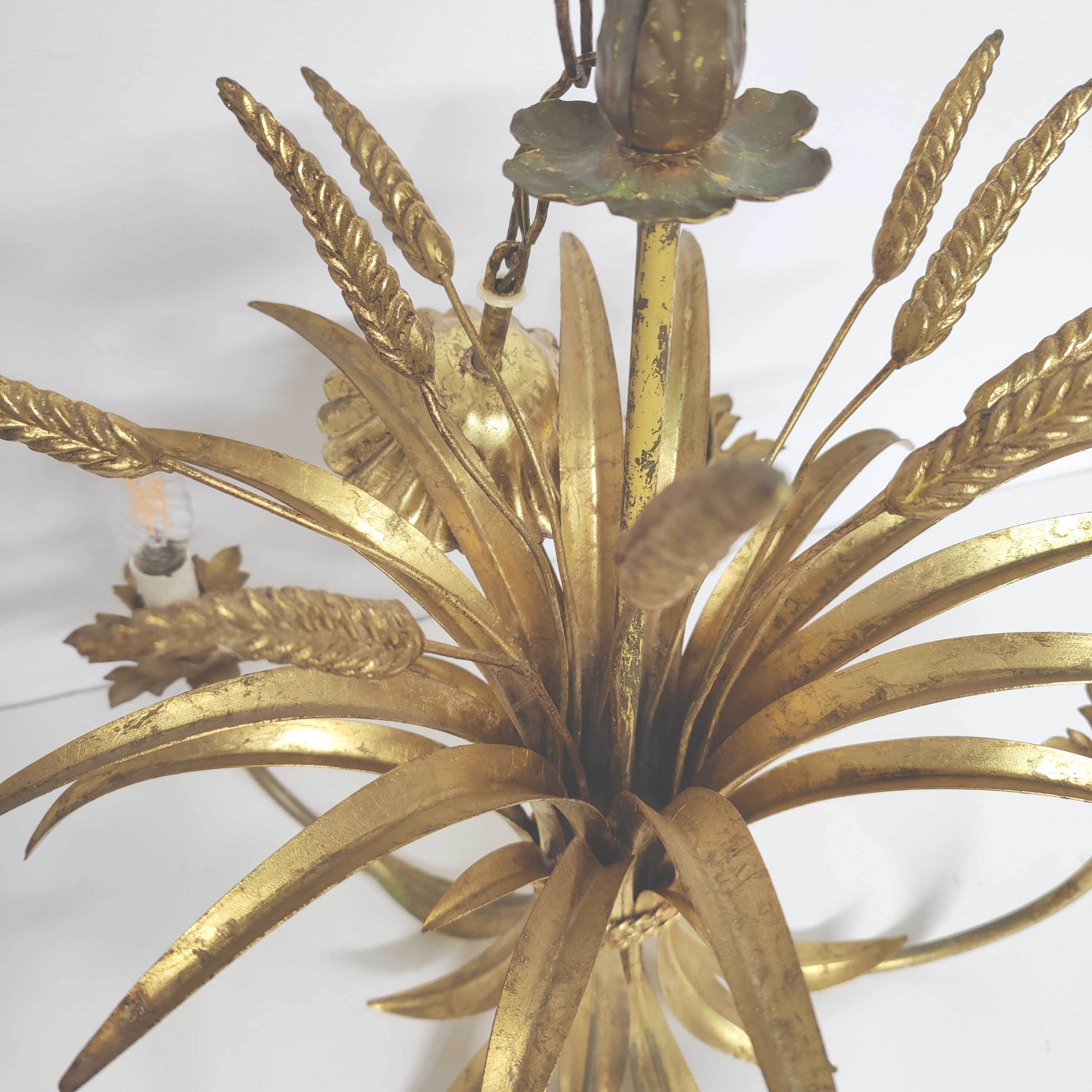 Italian chandelier leaves ears of wheat golden metal 60s/70s