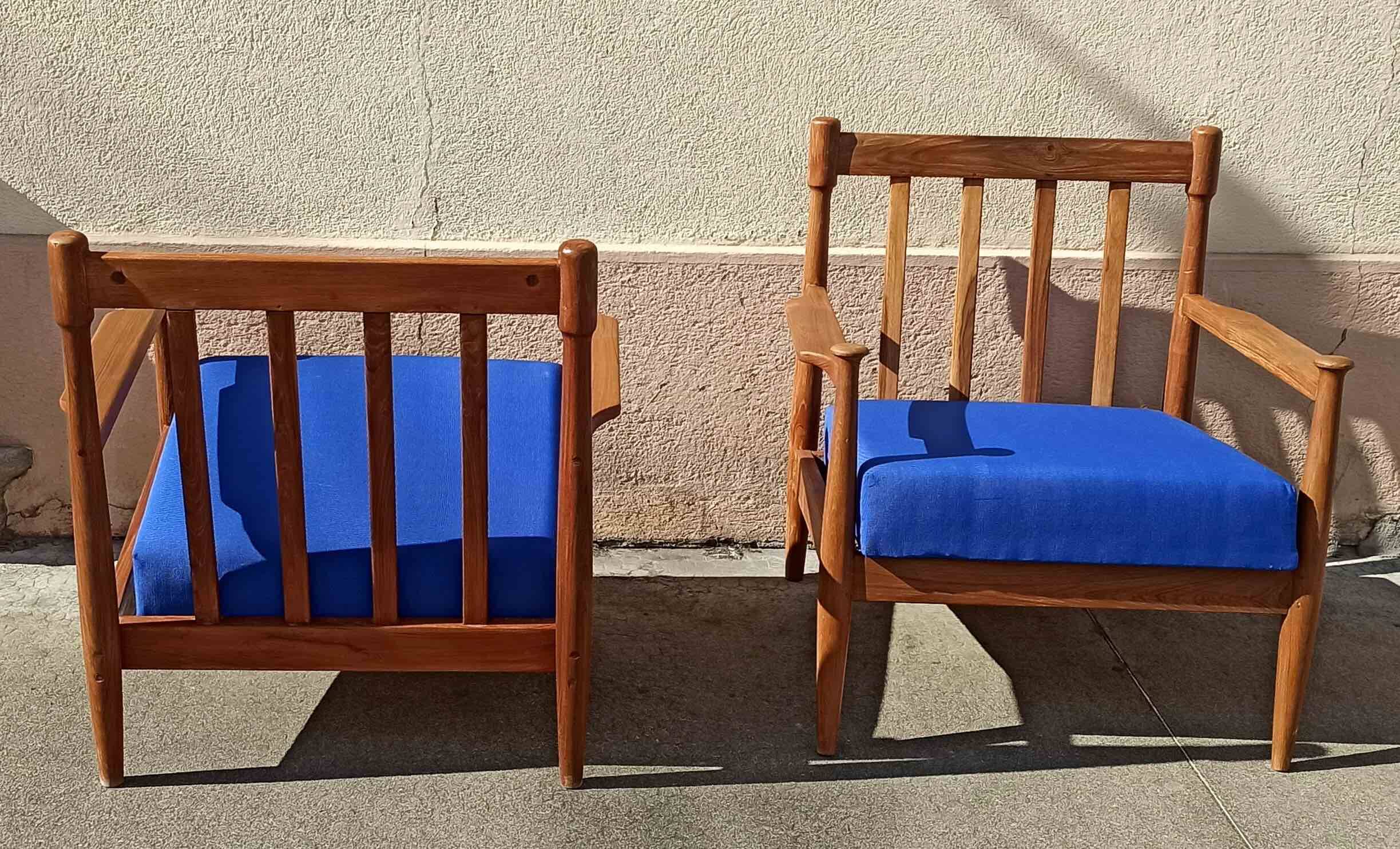 Pair of 1960s Scandinavian armchairs with blue cushions