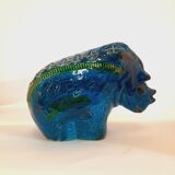 Vintage rhinoceros statue, Aldo Londi for Bitossi, Rimini blue series