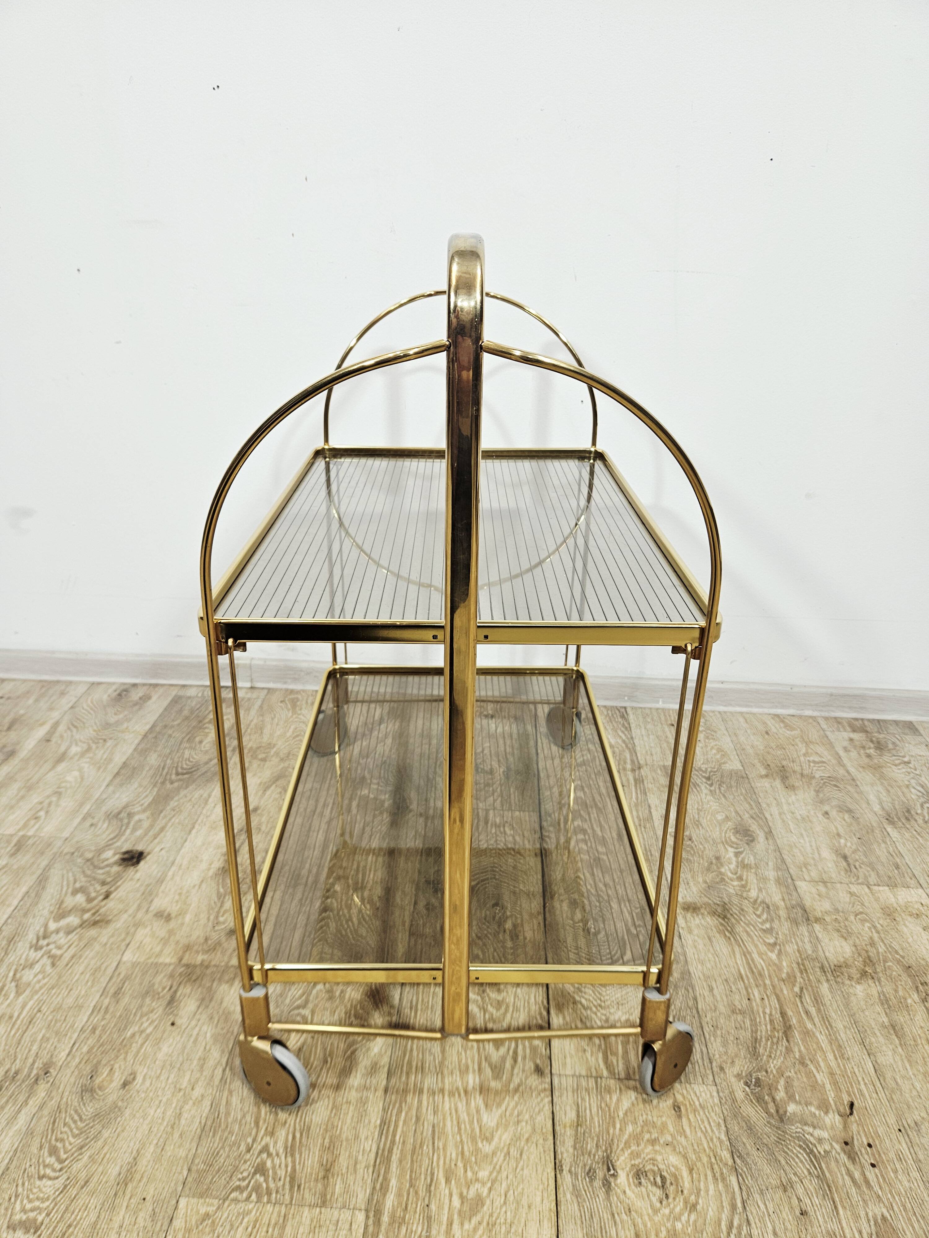 Mid-Century Folding Bar Cart – Brass and Ribbed Plexiglass – 1960s